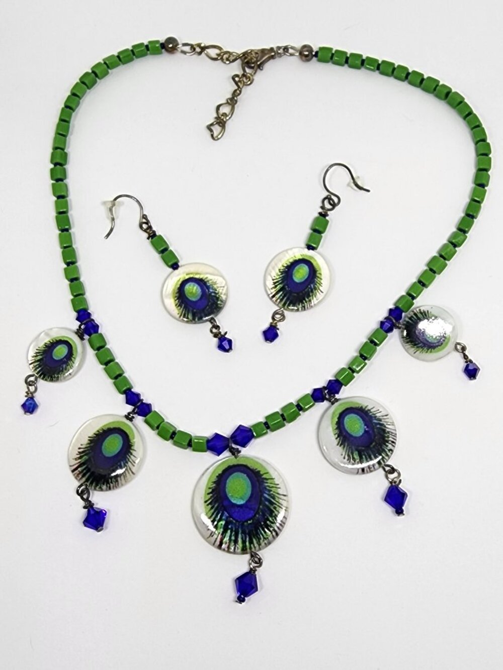 OFAK Peacock Blue Green MOP Abalone Handmade One of a Kind Necklace Earrings Set